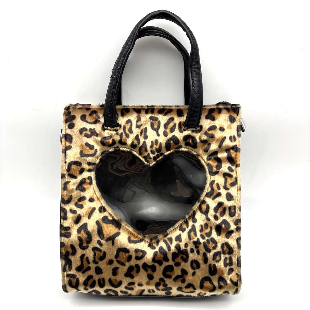 Deadstock Valfre Y2K Style Fuzzy Leopard Print Clear Heart Window Purse 8.5x9.5"